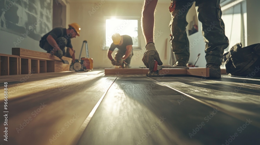 Obraz premium Construction Workers Installing Hardwood Flooring