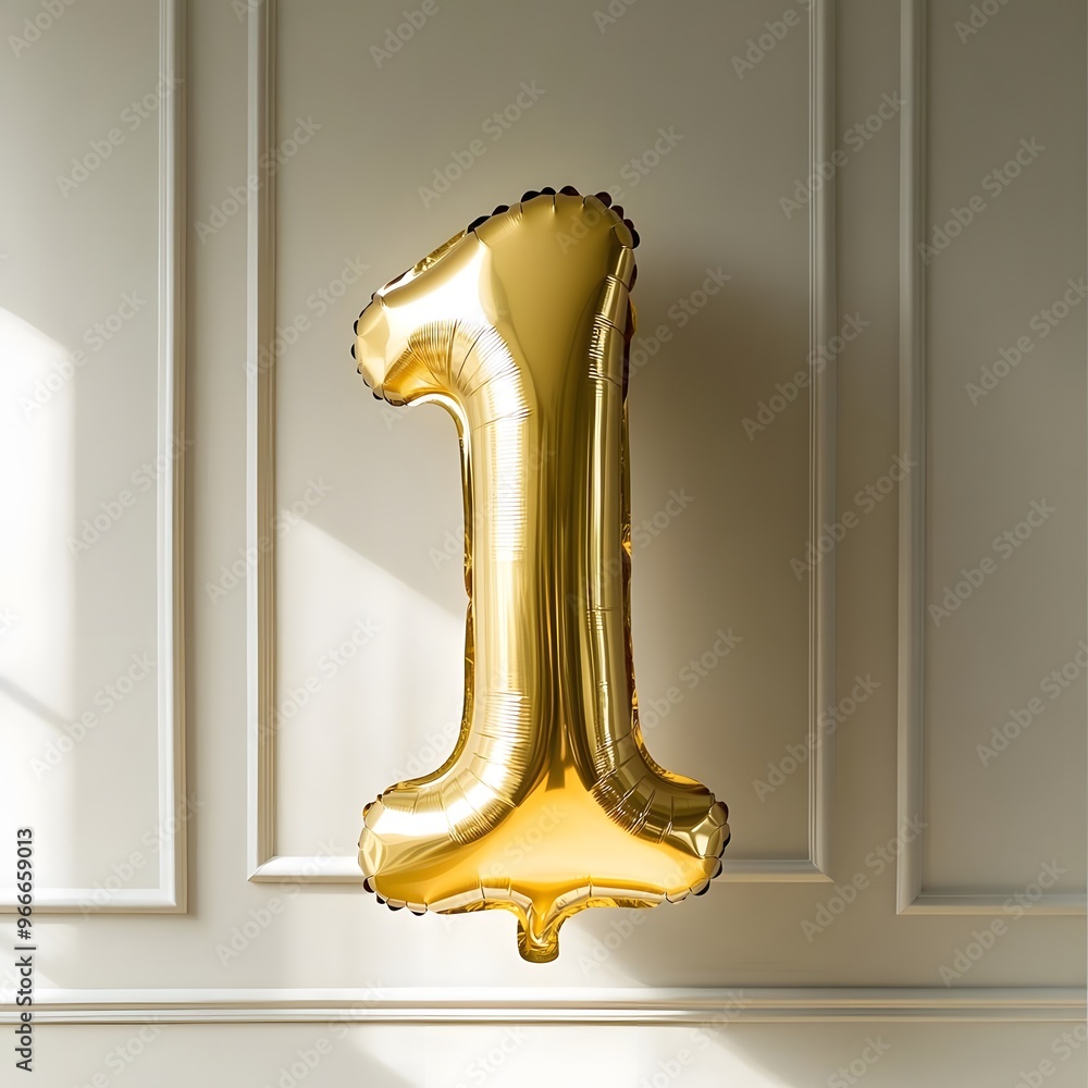 A shiny gold foil number one balloon floating in a neutral space, symbolizing achievement and celebration. A shiny gold foil number one balloon floating in a neutral space, symbolizing achievement and celebration.
