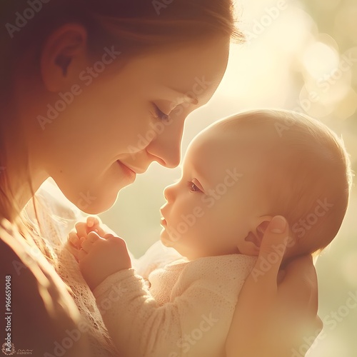 A heartwarming portrait of a young mother and her baby, capturing a tender moment of love and adoration. photo