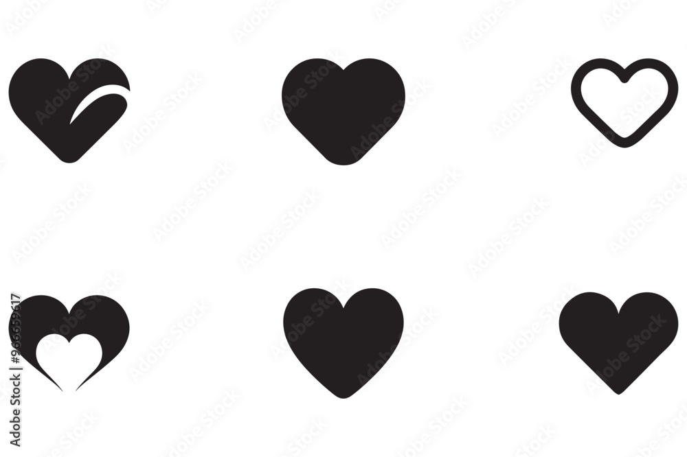 A set of black heart icons in vector format on a white background. A set of black heart icons in vector format on a white background.