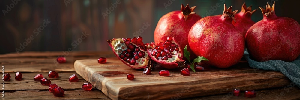 Φωτογραφία Juicy seeds and opened fruit of ripe pomegranates on a wooden cutting board
