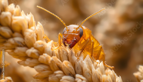 An Ultra Macro and sharp image of termite insect of an underground paved terminal, with a termite eating the grain in sorghum photo