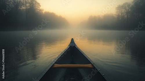 Canoe on Calm Water with Foggy Forest Background at Sunrise