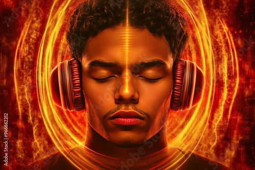 Optogenetics cybertactile perception and psychophysiological response man wearing headphones with bright glowing rings representing sound energy and immersive auditory experience photo