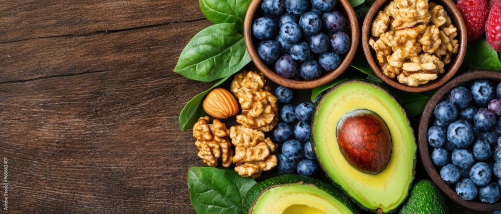 Fresh avocados, blueberries, walnuts, and almonds arranged on a wooden background, highlighting healthy eating choices. Fresh avocados, blueberries, walnuts, and almonds arranged on a wooden background, highlighting healthy eating choices.