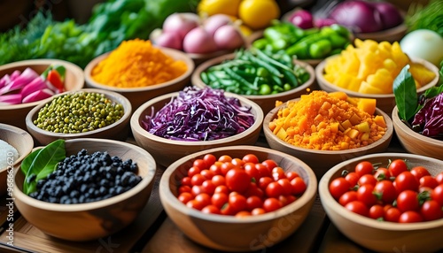 Vibrant Culinary Market Display of Fresh Ingredients in Wooden Bowls