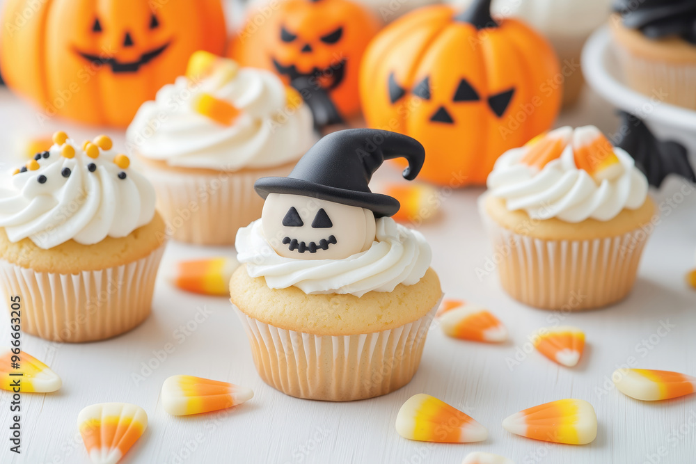 Spooky Halloween Cupcakes: A delightful spread of Halloween cupcakes adorned with whimsical decorations, including a witch's hat and jack-o'-lantern faces, surrounded by candy corn and mini pumpkins. Spooky Halloween Cupcakes: A delightful spread of Halloween cupcakes adorned with whimsical decorations, including a witch's hat and jack-o'-lantern faces, surrounded by candy corn and mini pumpkins.