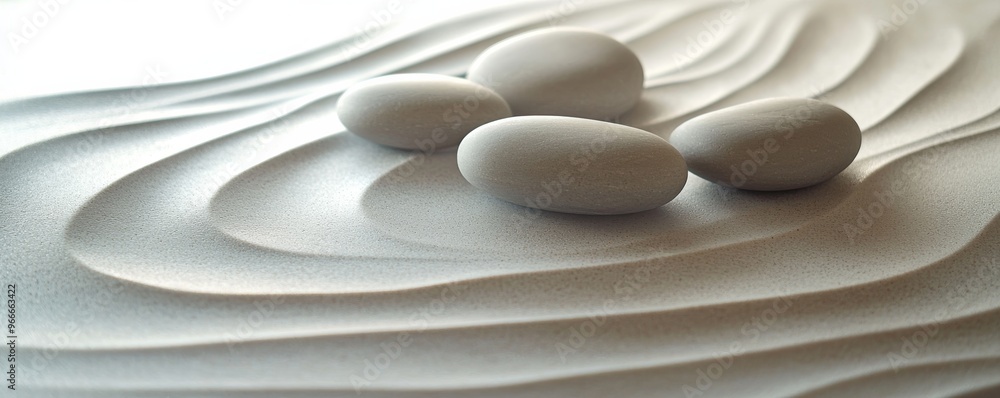 Zen garden with smooth stones on sand with ripples, peaceful concept Zen garden with smooth stones on sand with ripples, peaceful concept