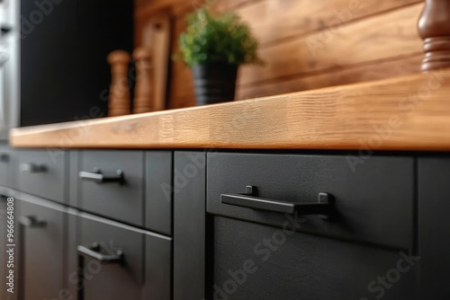 Close-up of Black Cabinet Doors with Wooden Countertop