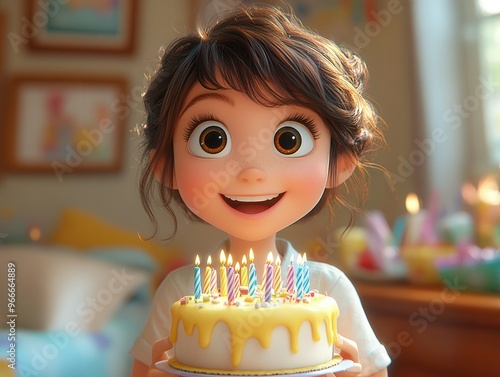 A joyful child celebrating a birthday with a colorful cake and lit candles, capturing the essence of happiness and childhood memories. photo