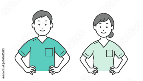 腰に手を当てる歯科医男女の上半身イラスト
