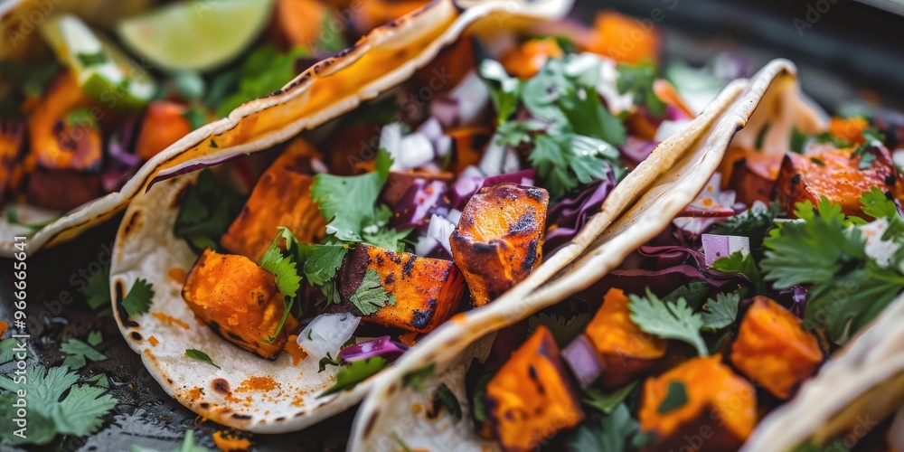 Close-up of delicious plant-based tacos filled with sweet potatoes, cilantro, and fresh veggies. Close-up of delicious plant-based tacos filled with sweet potatoes, cilantro, and fresh veggies.