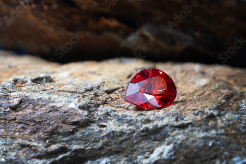 Natural Red Ruby gemstone, Jewel or gems on stone, close up shot