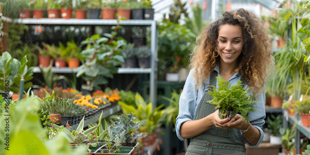 Smiling Woman Holding Potted Plant in Garden Center, Happy Gardener Holding Plant in Greenhouse Smiling Woman Holding Potted Plant in Garden Center, Happy Gardener Holding Plant in Greenhouse