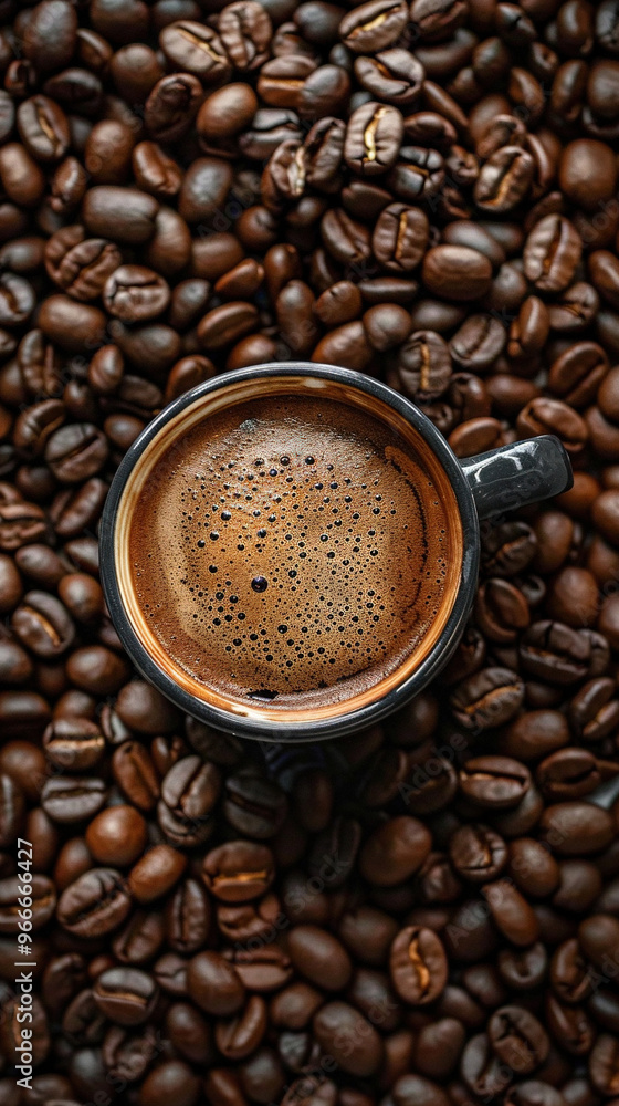 a cup of coffee inside a pile of coffee beans. coffee background a cup of coffee inside a pile of coffee beans. coffee background