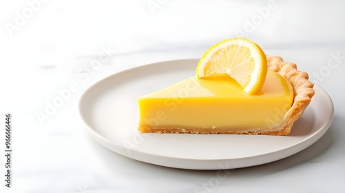 A delicious slice of lemon pie, showcasing a vibrant yellow filling and a decorative slice of lemon on top, served on a white plate.