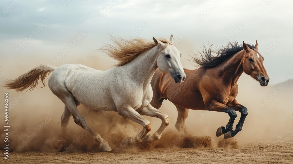 Obraz premium Portrait of a horse galloping in the desert dust.