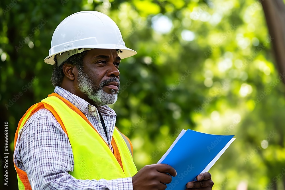 A senior black male construction site manager visually inspects a building project A senior black male construction site manager visually inspects a building project