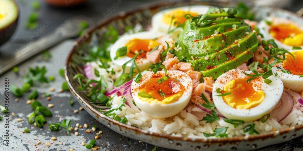 Tuna and Avocado Salad Served on Rice Cakes with Sautéed Onions and Hard-Boiled Egg Tuna and Avocado Salad Served on Rice Cakes with Sautéed Onions and Hard-Boiled Egg
