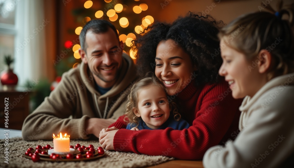 A heartwarming Christmas scene of a family gathered around a table, lighting a candle together in a warmly lit, festively decorated room. A heartwarming Christmas scene of a family gathered around a table, lighting a candle together in a warmly lit, festively decorated room.