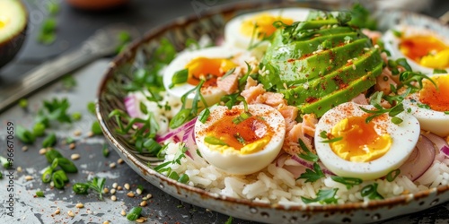 Tuna and Avocado Salad Served on Rice Cakes with SautÃƒÂ©ed Onions and Hard-Boiled Egg