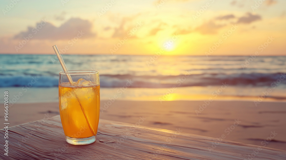 A close up of apple juice with straw on the beach A close up of apple juice with straw on the beach