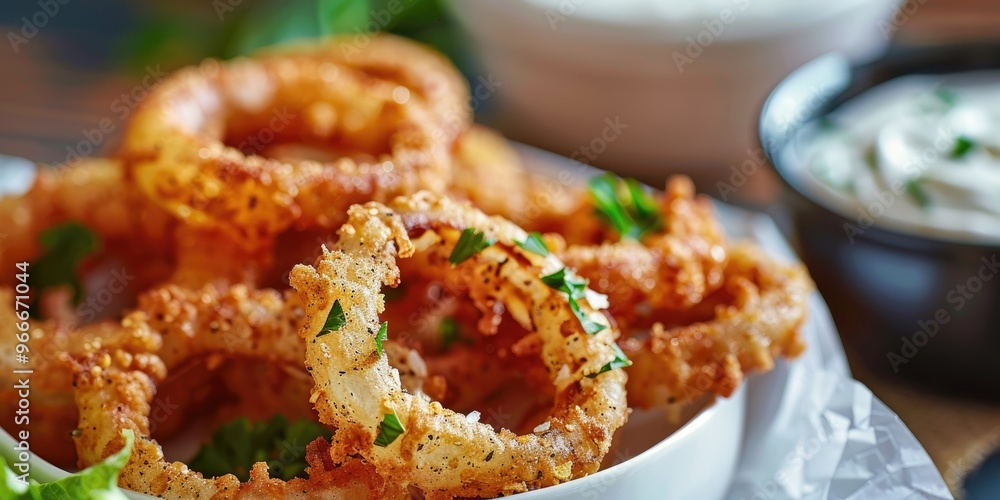 Close up view of homemade crispy onion rings served with white sauce Close up view of homemade crispy onion rings served with white sauce