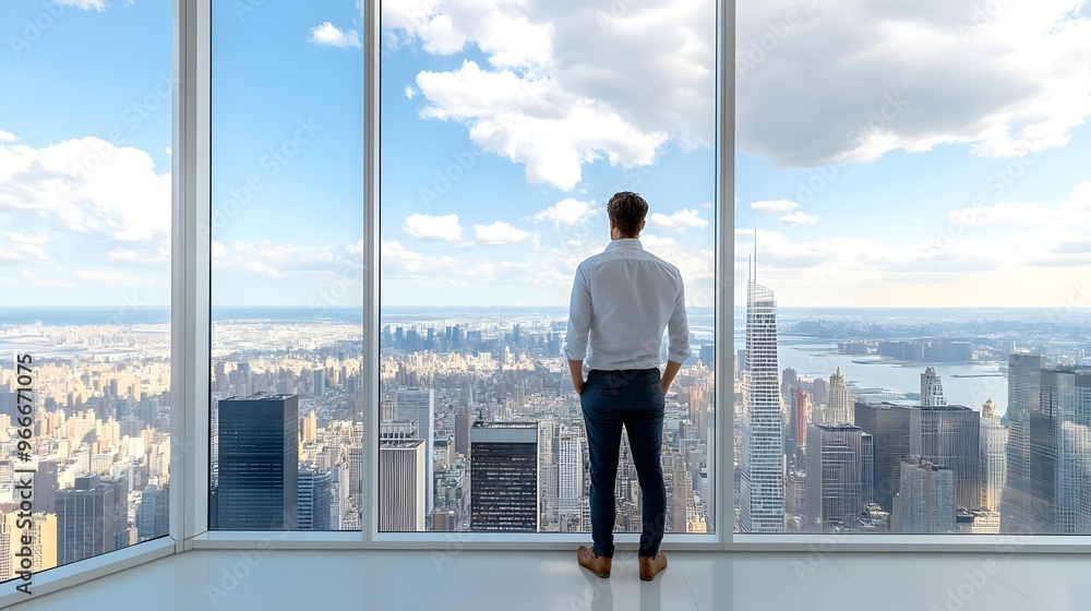 A person gazes out over a breathtaking cityscape, reflecting on life's possibilities from a modern office window. A person gazes out over a breathtaking cityscape, reflecting on life's possibilities from a modern office window.