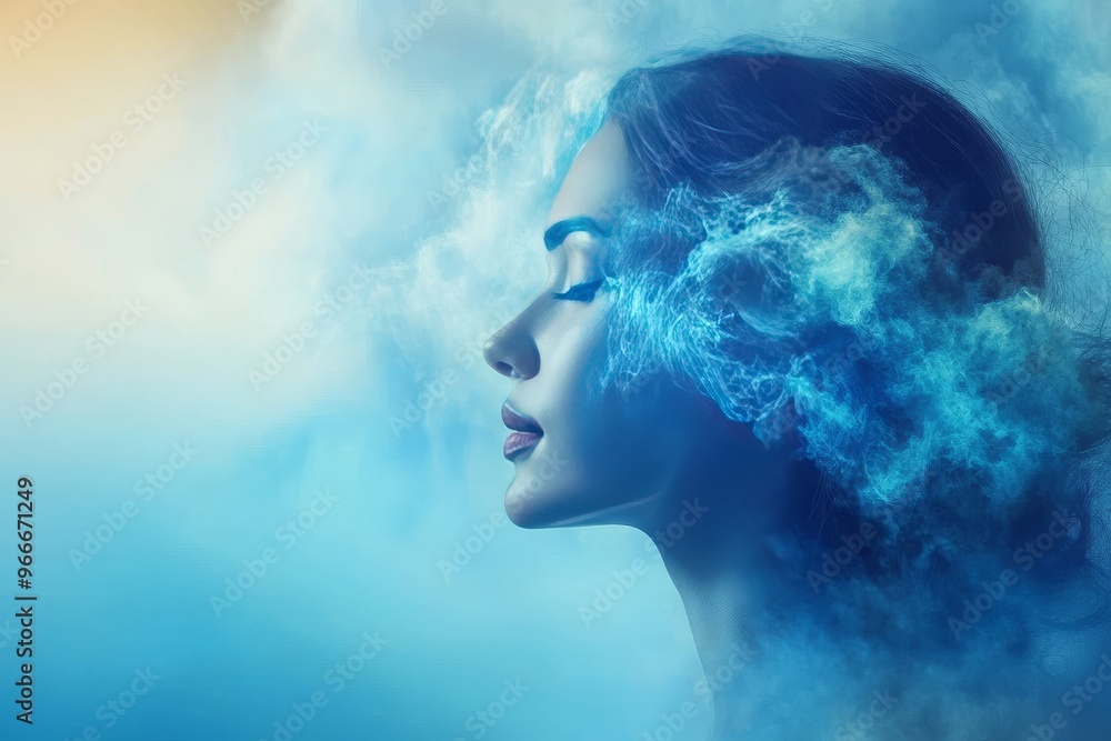 Biotelemetry signal tactile feedback transmission and neuroplasticity modulation woman with a blue cloud covering her face symbolizing imagination daydreaming and the subconscious mind Biotelemetry signal tactile feedback transmission and neuroplasticity modulation woman with a blue cloud covering her face symbolizing imagination daydreaming and the subconscious mind