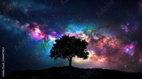 Silhouette of a Tree Against a Vibrant Milky Way