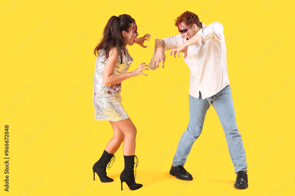 Scary zombies on yellow background Scary zombies on yellow background