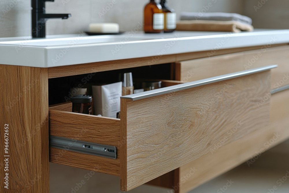 Open Drawer of a Bathroom Vanity with Supplies Inside Open Drawer of a Bathroom Vanity with Supplies Inside