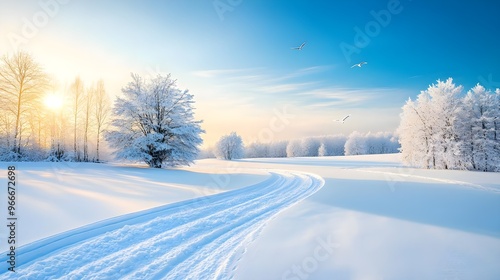 A serene winter landscape featuring snow-covered trees and a clear blue sky, creating a tranquil and picturesque scene.