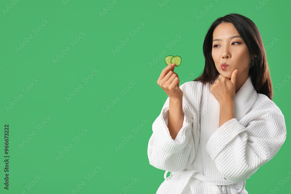 Thoughtful young Asian woman with cucumber slices on green background Thoughtful young Asian woman with cucumber slices on green background