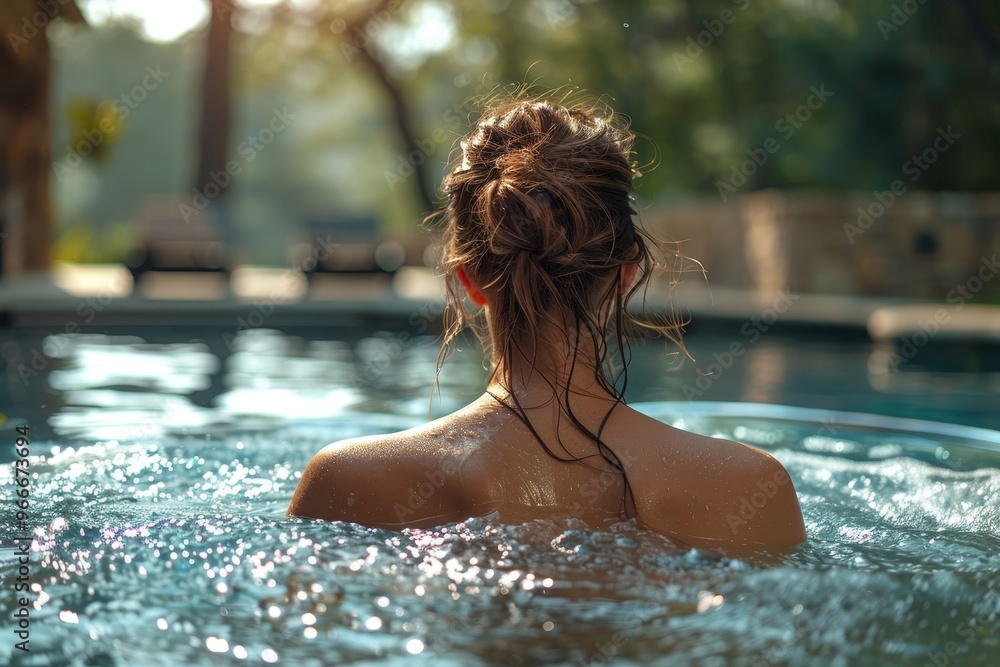 Relaxing in a hydromassage pool girl enjoys a refreshing swim in a countryside oasis Relaxing in a hydromassage pool girl enjoys a refreshing swim in a countryside oasis
