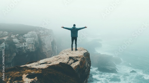 A man stands on a rocky cliff overlooking the ocean