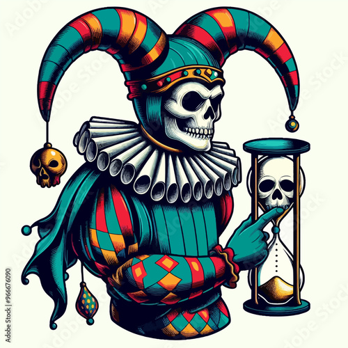 A skeleton clown joker holding a skeleton clock