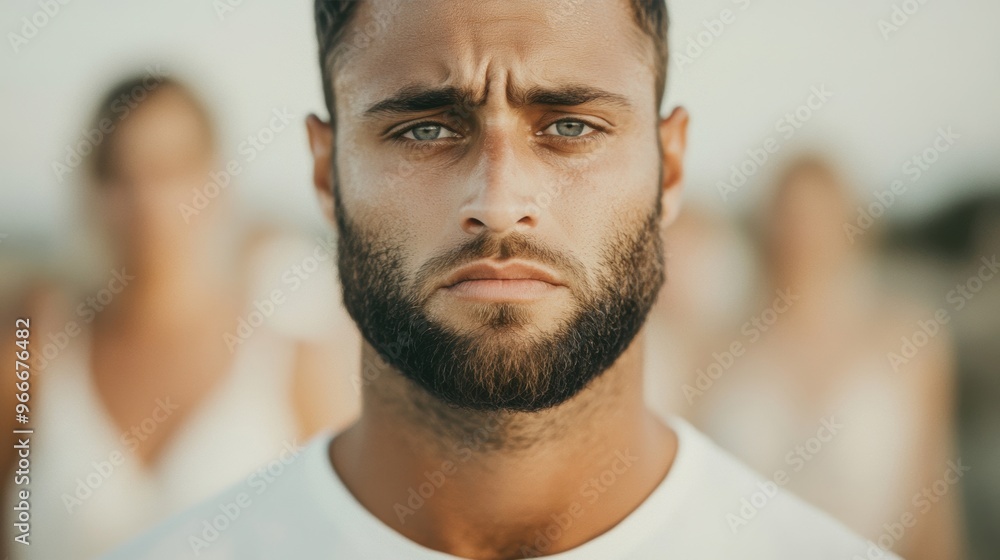 A man expresses deep sorrow, tears streaming down his face while dressed in a simple white t-shirt during a candid moment outdoors A man expresses deep sorrow, tears streaming down his face while dressed in a simple white t-shirt during a candid moment outdoors