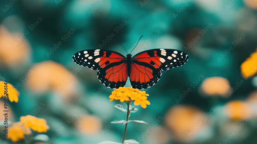 Fototapeta premium A vibrant red butterfly rests delicately on a bright yellow flower, surrounded by a beautifully blurred garden setting in daylight