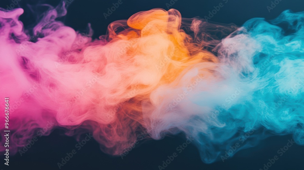 Obraz premium Colorful smoke flows gracefully against a dark backdrop, intertwining vibrant shades of pink, orange, and blue in dynamic patterns