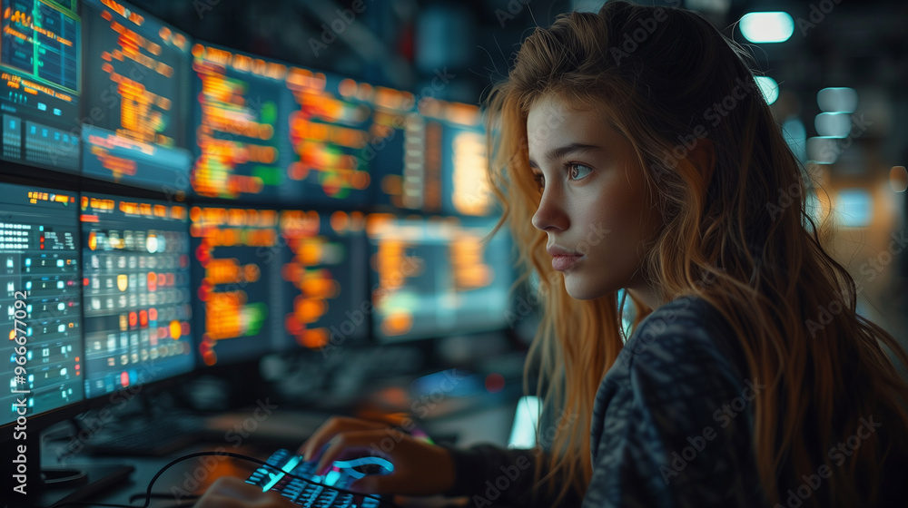 Female hacker in front of computer monitor in dark office. Stock Photo ...