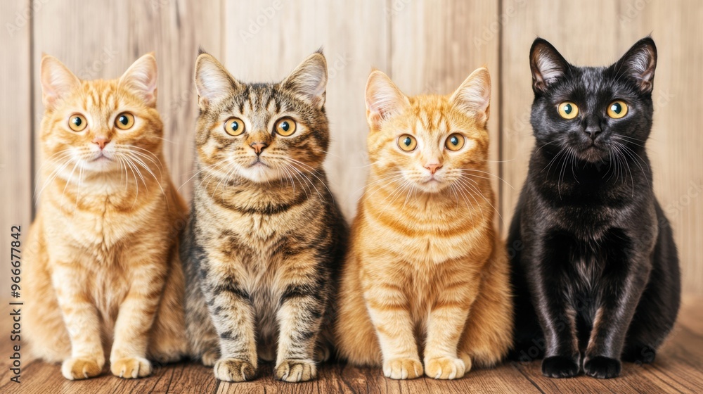 Four cats, two orange tabbies and one black cat, sit side by side on a warm wooden floor in a relaxed and friendly atmosphere Four cats, two orange tabbies and one black cat, sit side by side on a warm wooden floor in a relaxed and friendly atmosphere