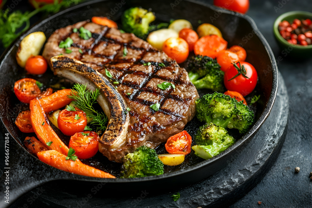 American food concept. Grilled beef steak with grilled vegetables, with carrots, cherry tomatoes, broccoli, in a cast iron pan. copy space American food concept. Grilled beef steak with grilled vegetables, with carrots, cherry tomatoes, broccoli, in a cast iron pan. copy space
