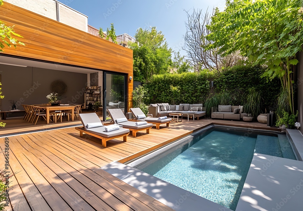Fototapeta premium Summer View Of The Swimming Pool In A Modern Patio At Backyard