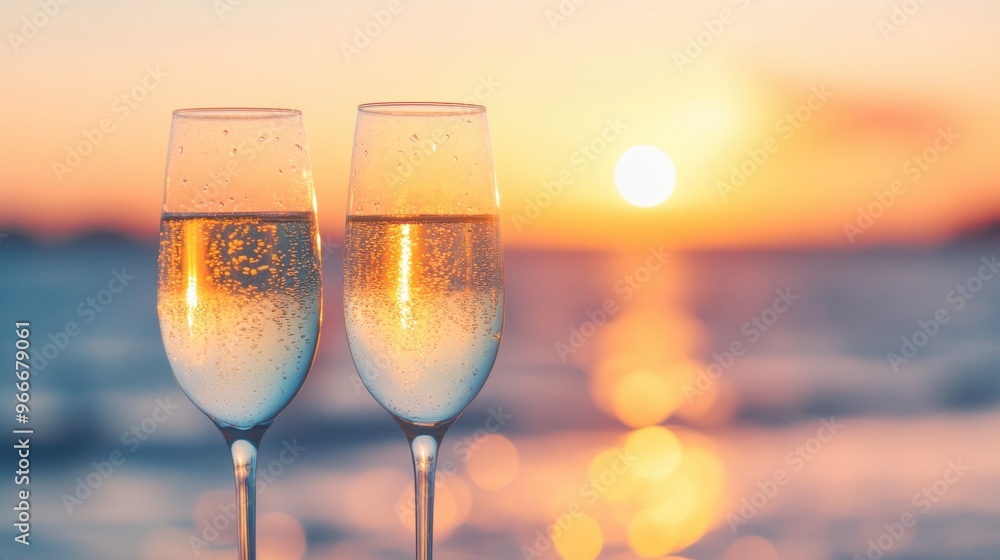 A couple celebrates with sparkling champagne glasses during a romantic sunset by the beach, creating a warm and intimate moment A couple celebrates with sparkling champagne glasses during a romantic sunset by the beach, creating a warm and intimate moment