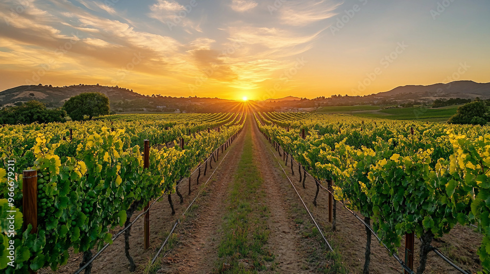 Fototapeta premium A field of grape vines with a beautiful sunset in the background. The sun is setting behind the hills, casting a warm glow over the vineyard. The vines are lush and green