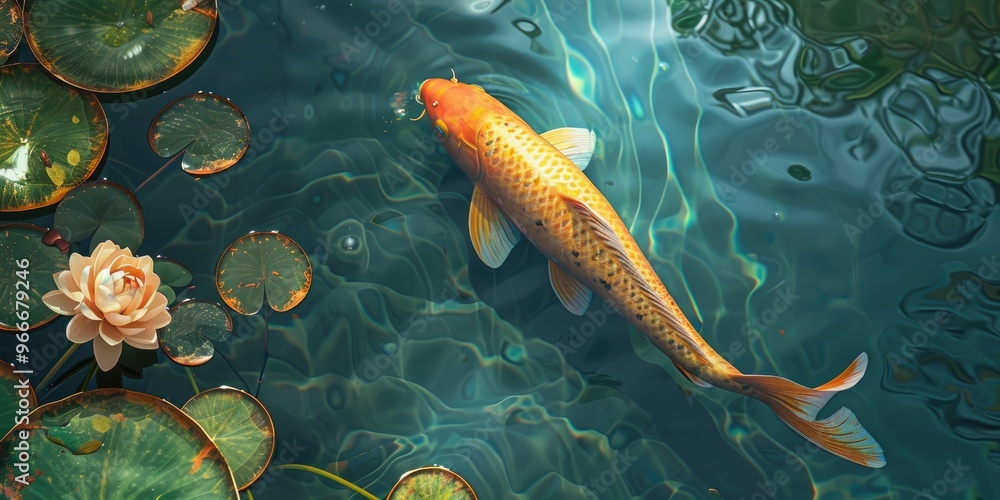 Golden Koi swimming elegantly in a tranquil water garden. Golden Koi swimming elegantly in a tranquil water garden.
