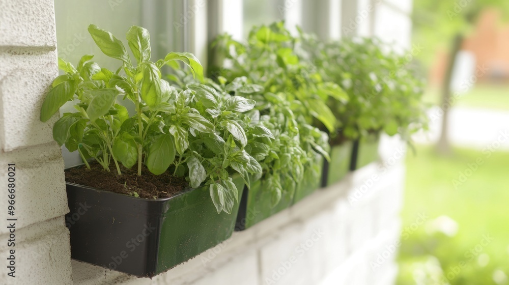Fresh herbs grow in neat rows on a balcony, soaking up the sun and enhancing the outdoor space beautifully Fresh herbs grow in neat rows on a balcony, soaking up the sun and enhancing the outdoor space beautifully