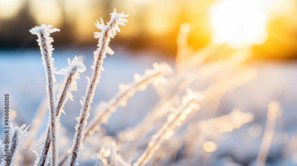 Winter grass is adorned with frosty crystals, shining brightly as the sun rises, creating a peaceful atmosphere Winter grass is adorned with frosty crystals, shining brightly as the sun rises, creating a peaceful atmosphere