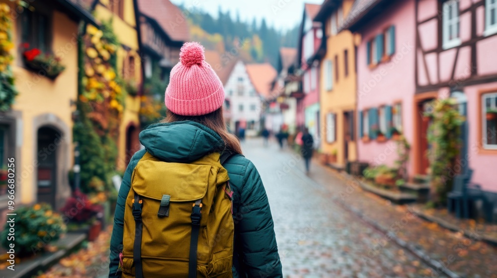 A woman walks down a cobblestone street lined with quaint houses and autumn leaves, enjoying the beauty of a European town A woman walks down a cobblestone street lined with quaint houses and autumn leaves, enjoying the beauty of a European town